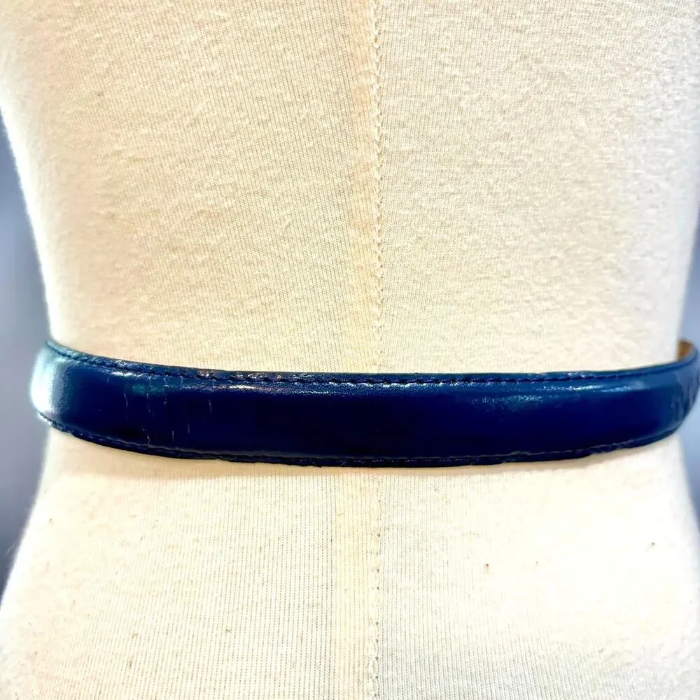 Vintage Navy Blue Leather Skinny Belt Gold Buckle Quiet Luxury L